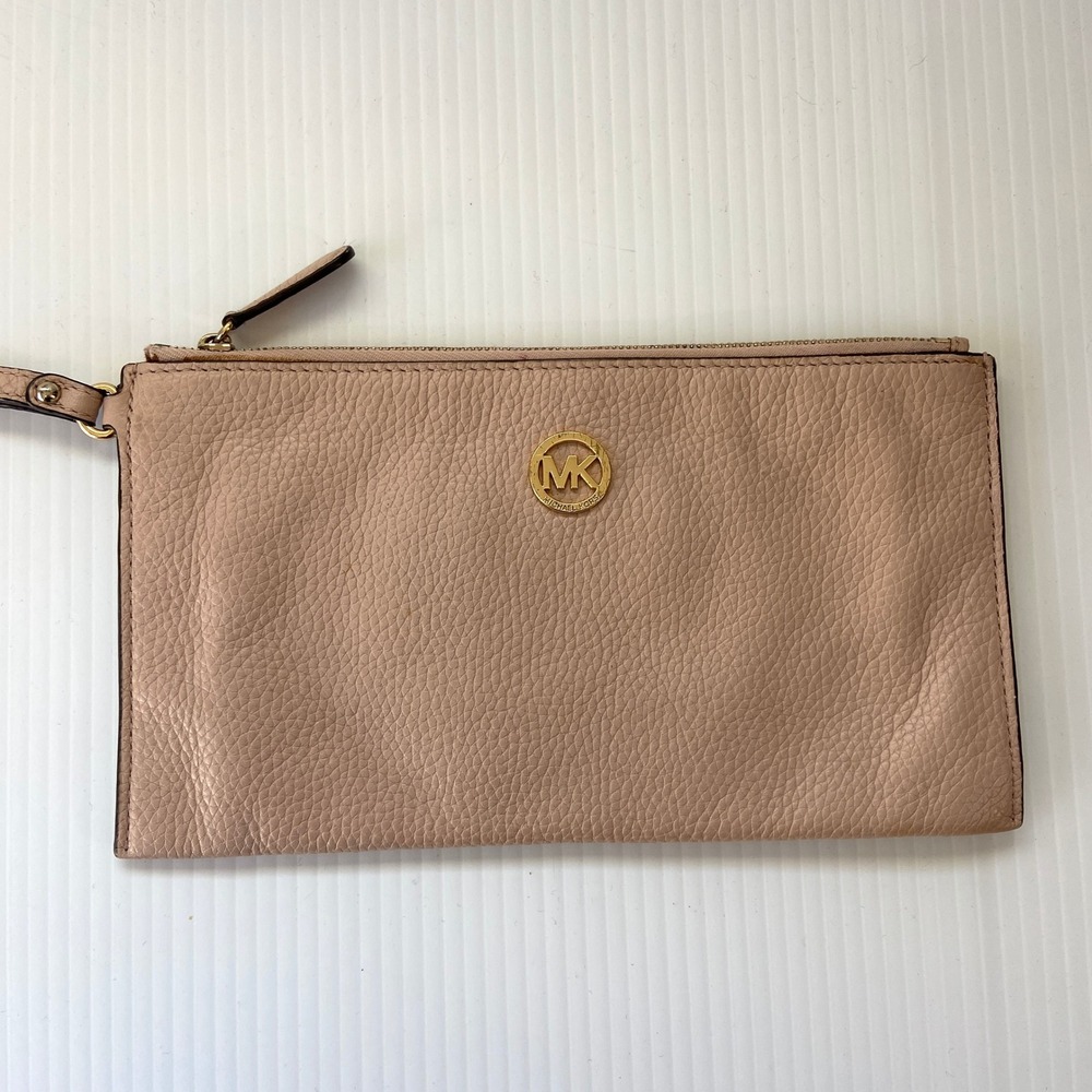 Michael Kors Folton Clutch Blush Pink Pebbled Leather Zipper Pouch Wristlet Bag
